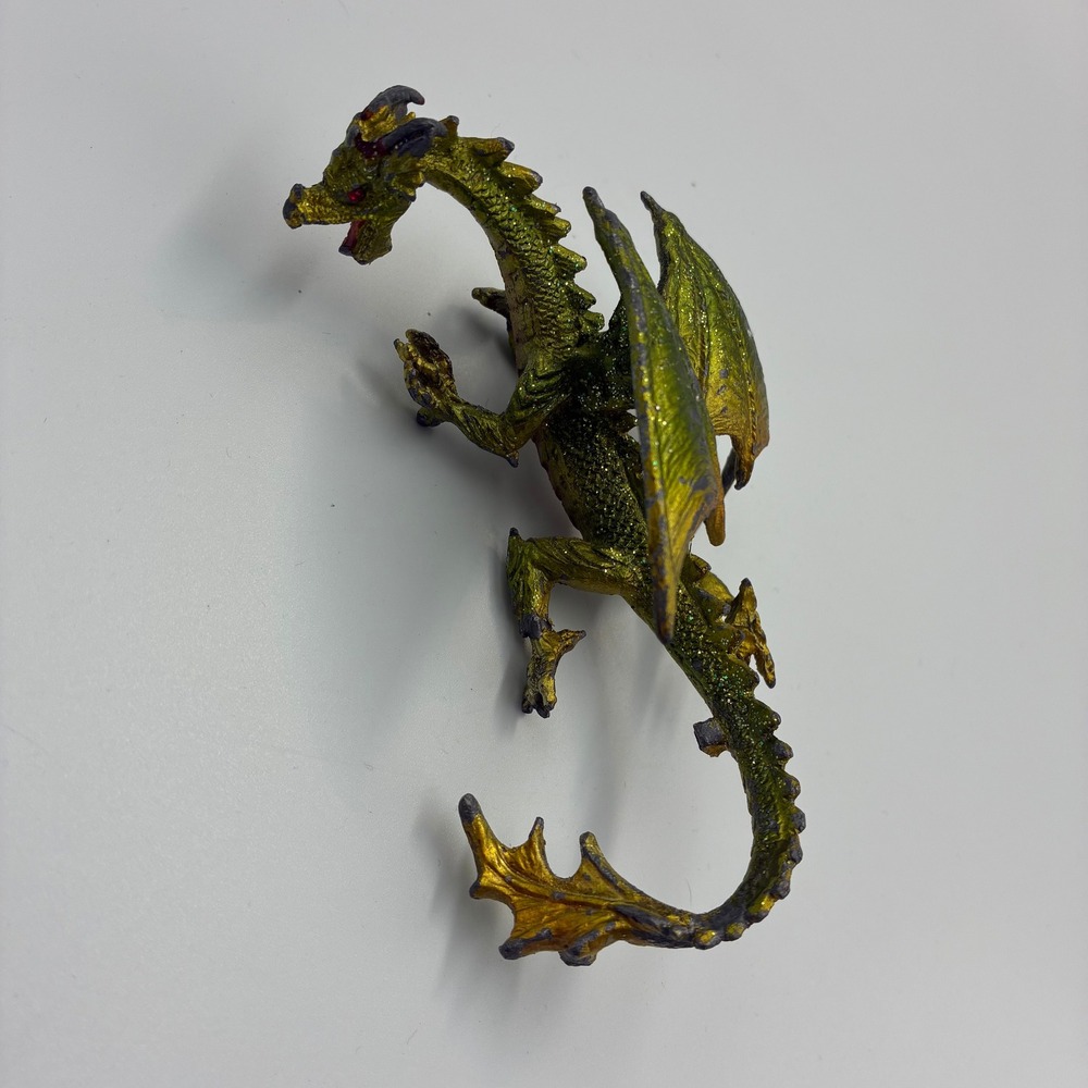 Vintage Iridescent Green Gold Metal Dragon Figurine Glitter Fantasy Statue